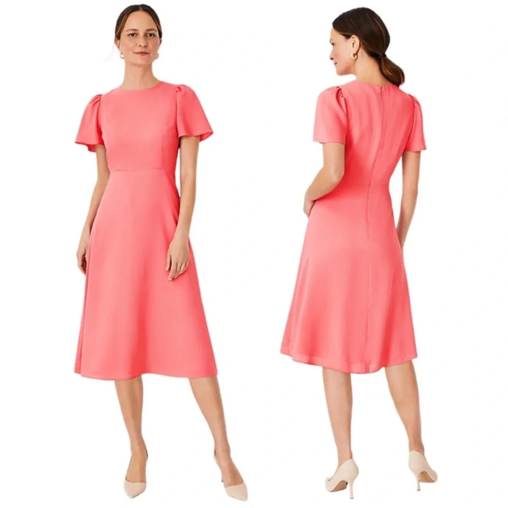 Ann Taylor Crepe Flutter Sleeve A-Line Flowy Flare Midi Dress Coral Pink 12P